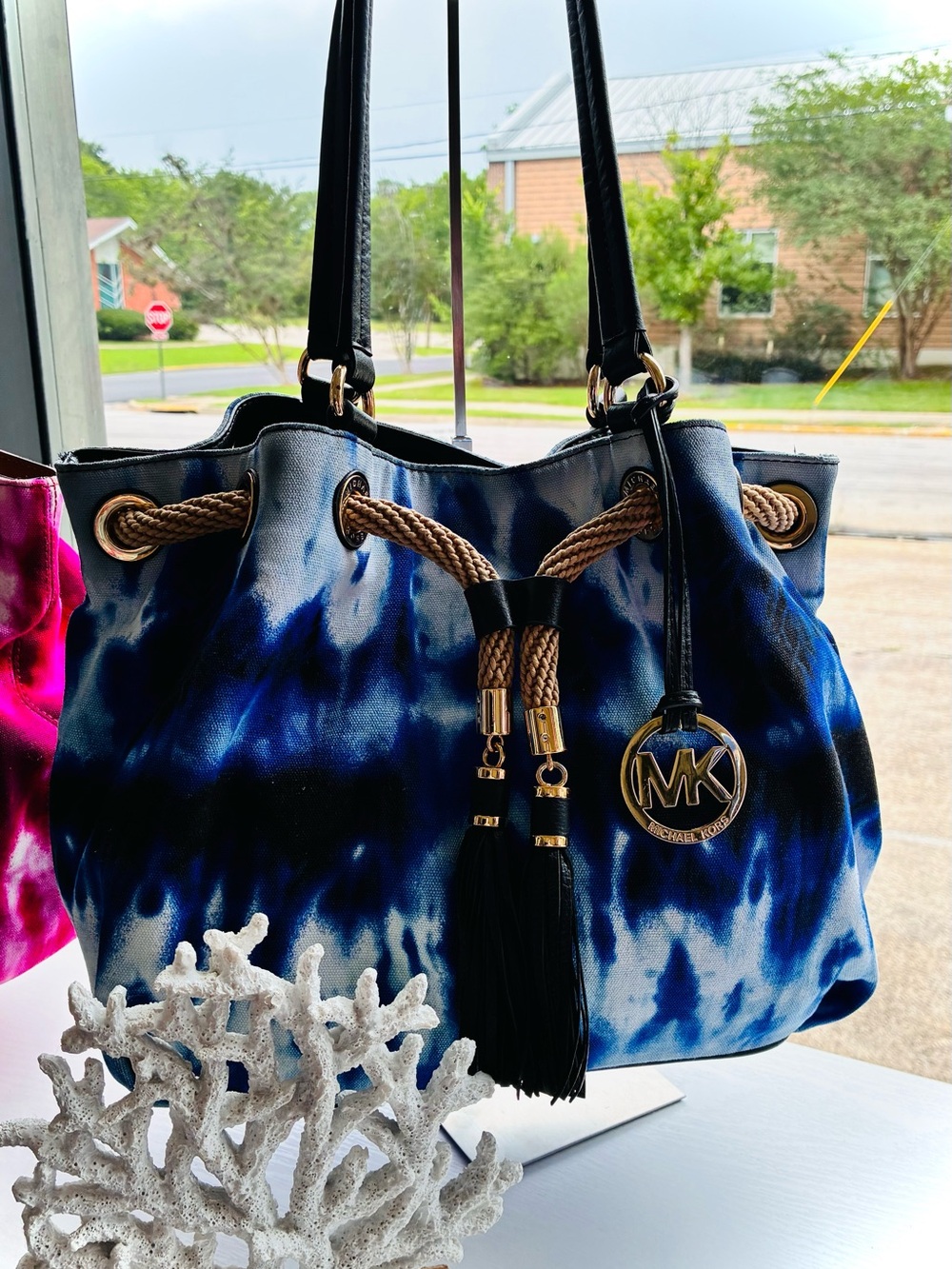 Michael Kors Navy Blue Tie-Dye Drawstring Shoulder Bag
